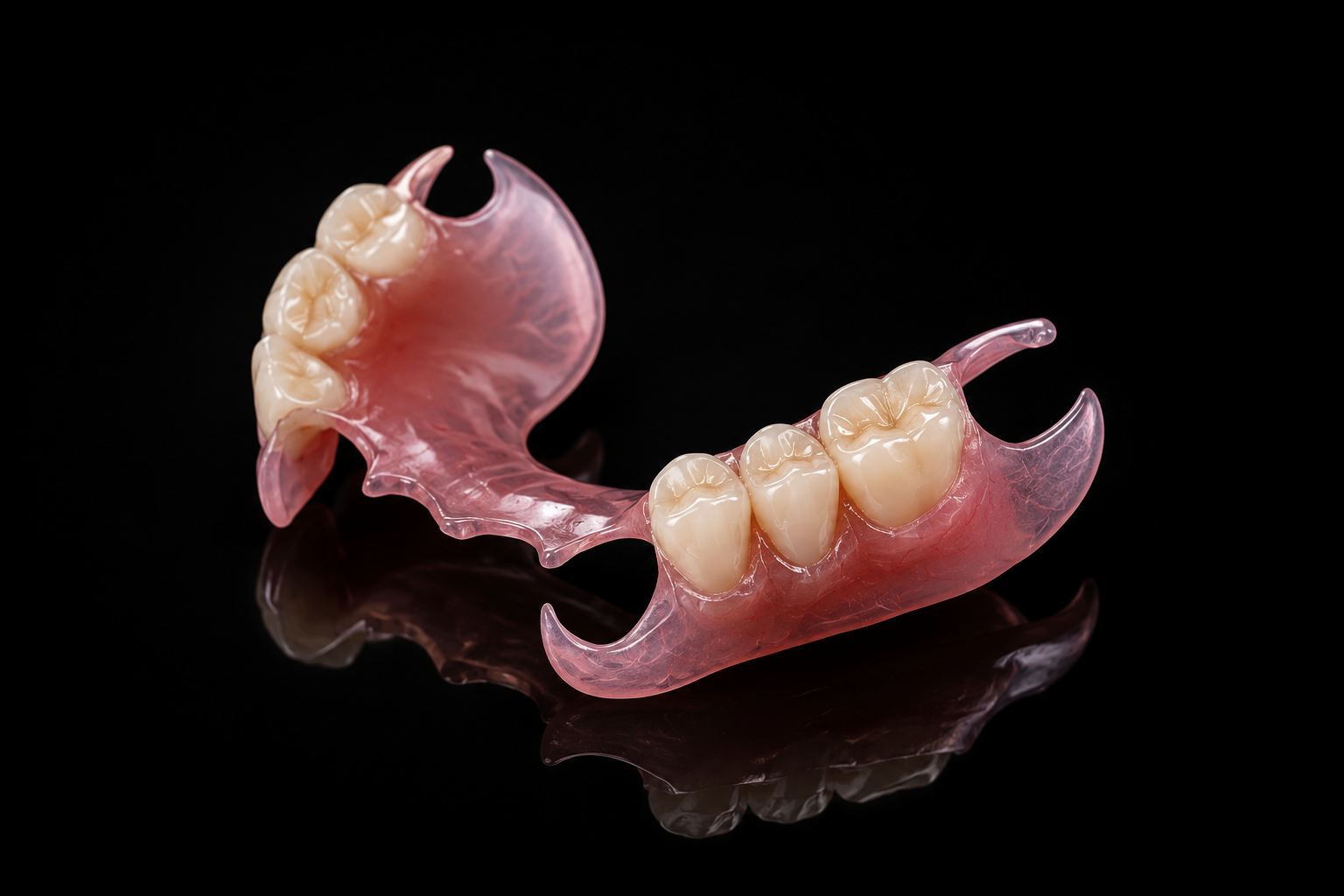 Flexible Partial dental prosthesis fabricated by Horizon Dental Lab, Warminster PA - flexible partial denture in Valplast material showing natural gingival color
