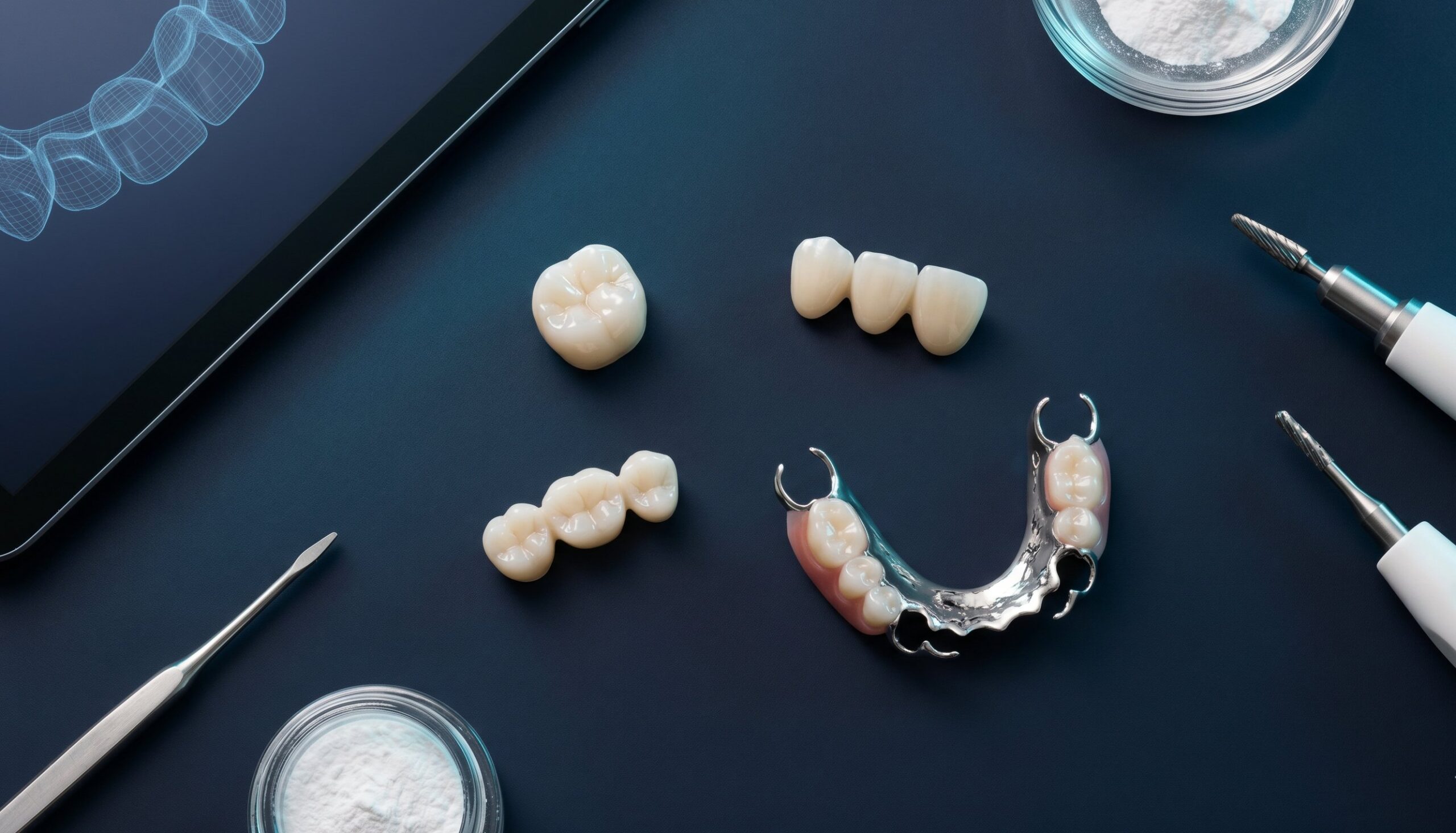 Comprehensive range of dental prosthetics crafted by Horizon Dental Lab in Warminster PA — zirconia crowns, multi-unit bridges, cast framework partial, and digital case scan on tablet — full-service dental laboratory serving Pennsylvania dentists