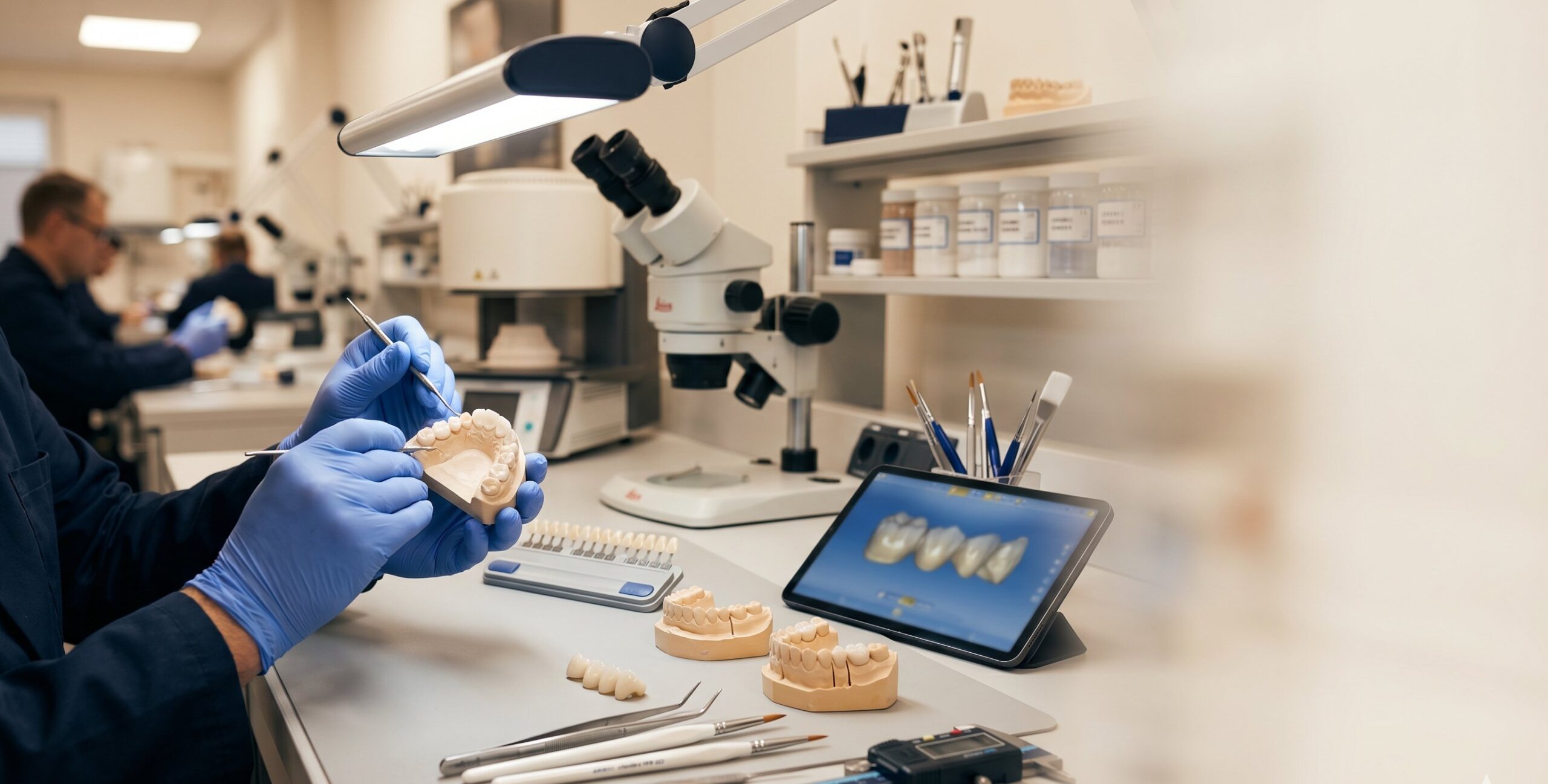 Skilled technician finishing zirconia restorations at Horizon Dental Lab, full-service dental laboratory in Warminster PA