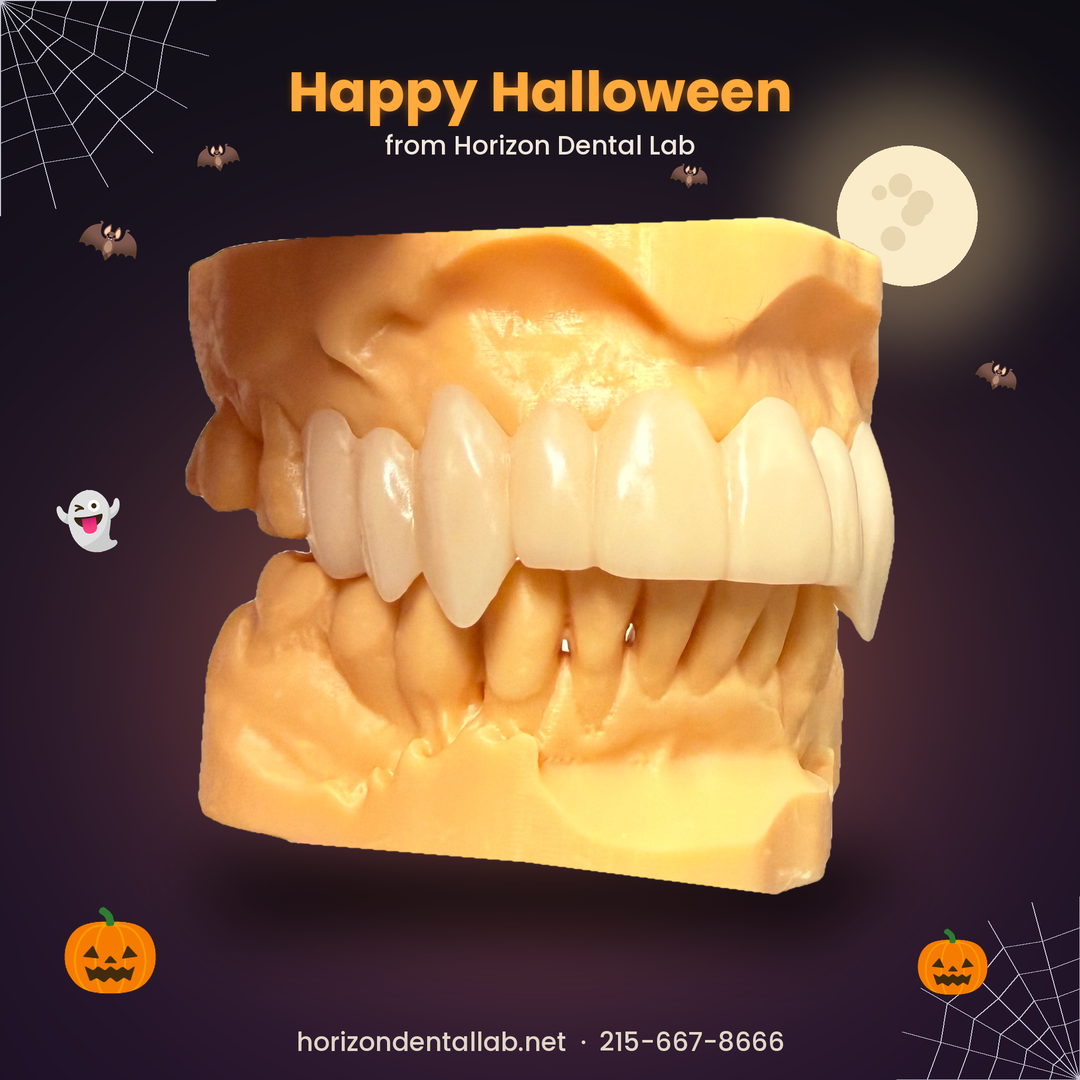 Custom vampire fang snap-on smile on dental models by Horizon Dental Lab