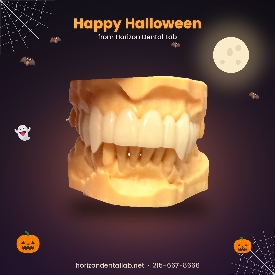 Halloween vampire fang snap-on smile crafted by Horizon Dental Lab